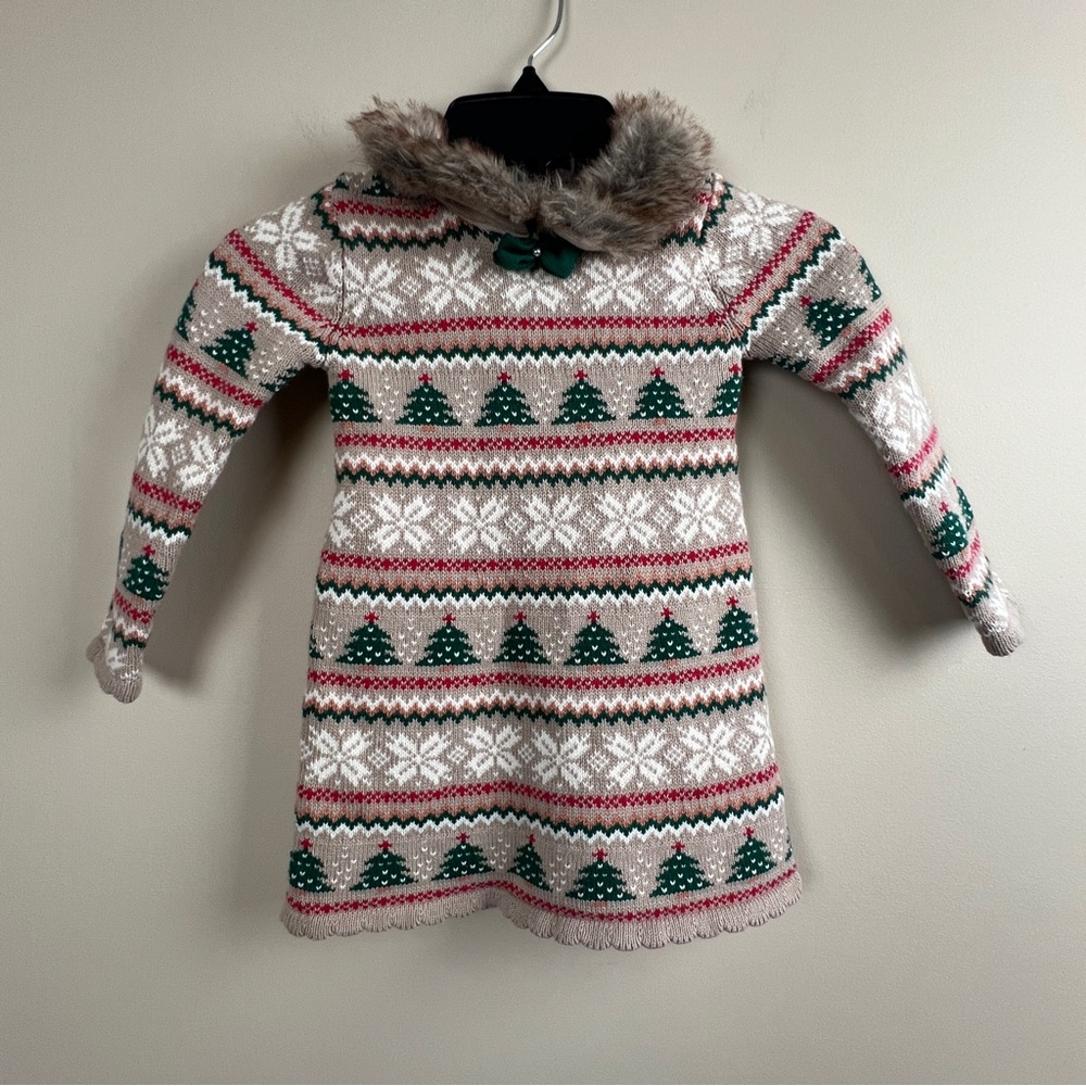 Tommy Bahama Girls 3T Festive Knit Dress with Faux Fur Collar